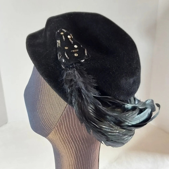 Vintage Black Velvet Velour Beaded with Raven Black Feathers Pillbox Hat - Picture 2 of 9